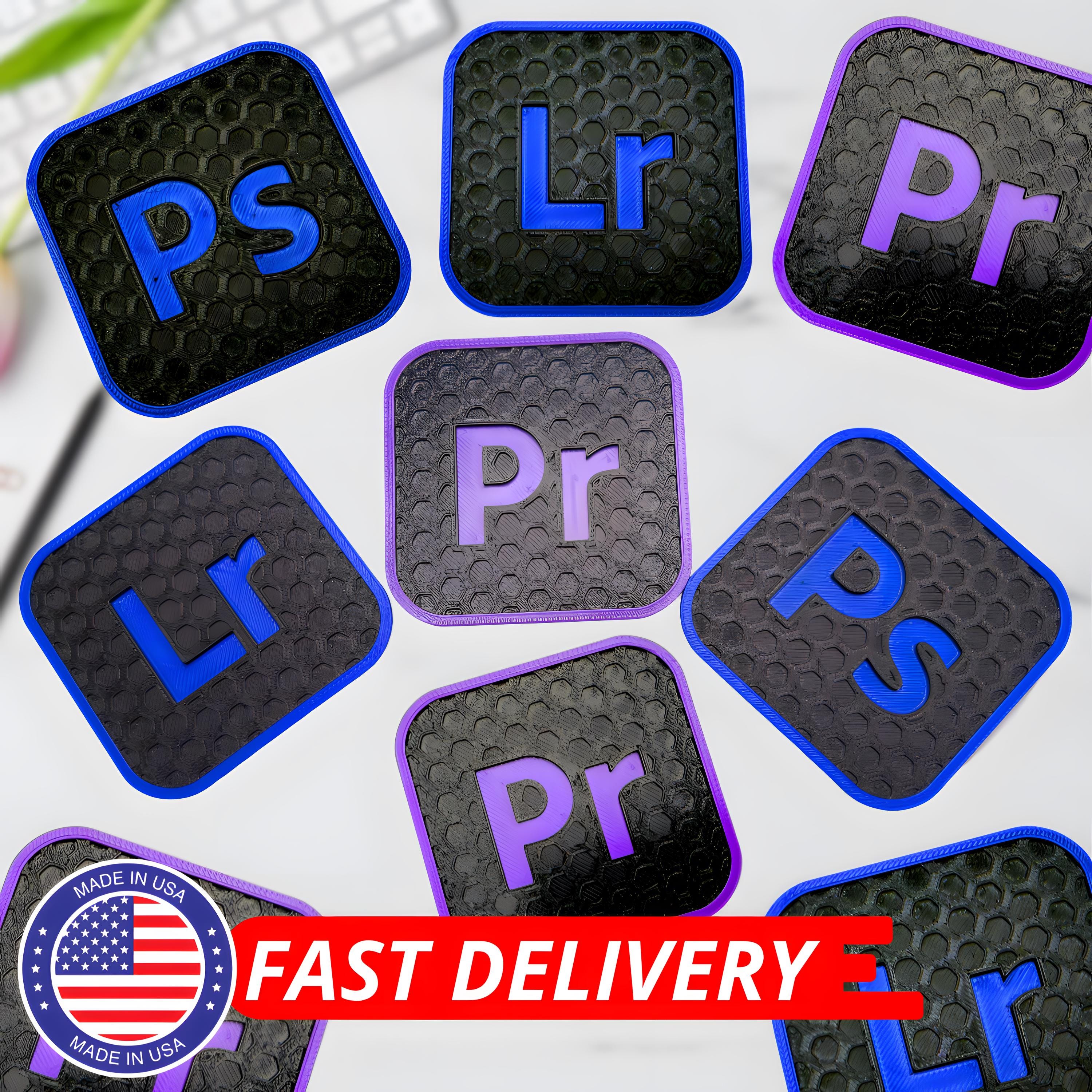 Unique Coaster Decor Adobe Lightroom Photoshop Premiere Pro | Handmade Software Creative Workspace Designer Gifts | 3 Pack Themed